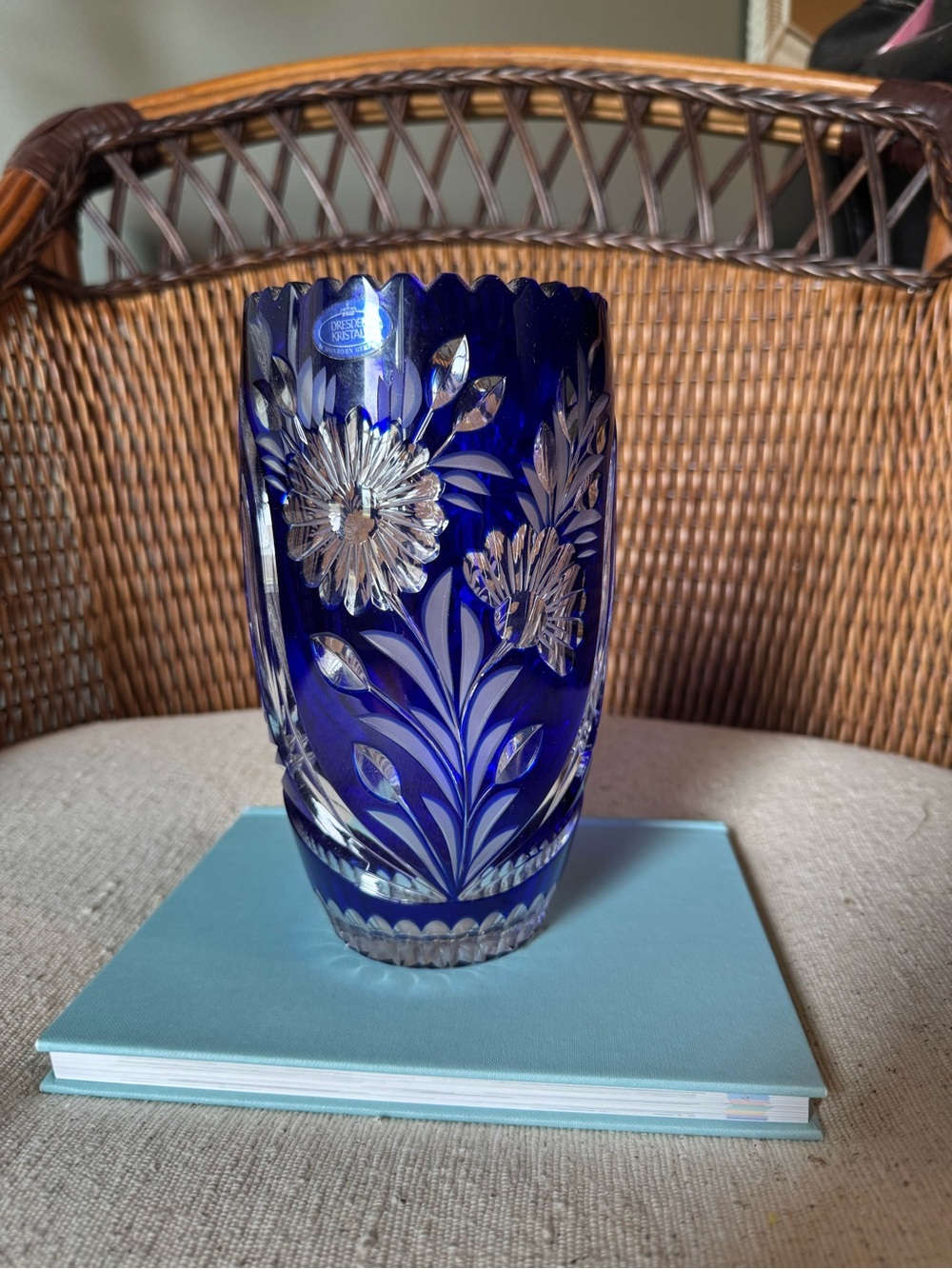 Dresden Cobalt Blue Cut-to-Clear Crystal Floral Vase